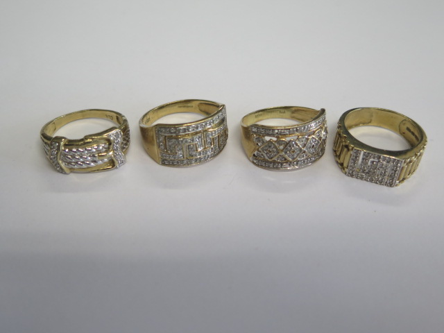 Four hallmarked 9ct yellow gold and diamond rings, sizes S/T/U, total weight approx 18.2 grams