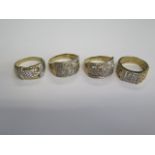 Four hallmarked 9ct yellow gold and diamond rings, sizes S/T/U, total weight approx 18.2 grams