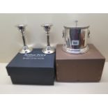 A Regency style Garrods silver plated biscuit barrel in original box and a boxed pair of Arthur