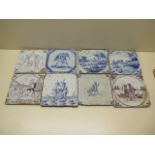 A collection of eight early Delft tiles, approx 13cm x 13cm, all have chips or crazing damage,