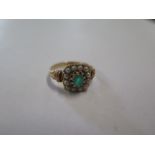 A French yellow gold 18ct emerald and pearl set ring head, approx 10mm, ring size N, approx 3.7