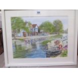 Jon Bell, local artist, modern watercolour 'Training on the River Cam, Cambridge' signed JOHN