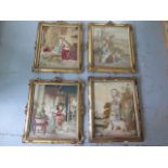 Four large gilt framed Victorian needlepoint and petit point pictures; the tarrot card reader,
