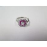 A platinum Art Deco style ruby and diamond ring, hallmarked, size N, head approx 11mm x 11mm, approx