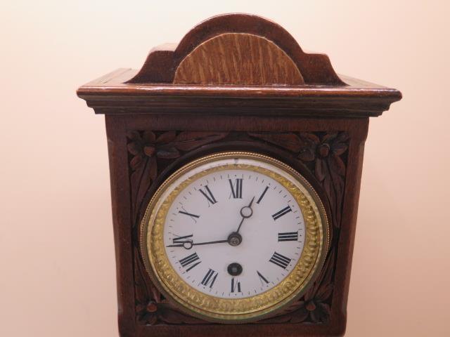 An oak case miniature longcase clock with French movement 8 day, 23cm high, running in saleroom - Image 2 of 3