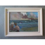 Oil on canvas, Norfolk beach scene by John Rhoda, frame size 58cm x 76cm