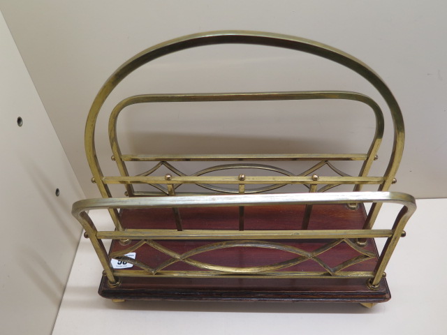 A nice brass and mahogany paper rack, 35cm tall x 36cm x 16cm, in sound condition - Image 2 of 2