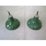 A pair of green enamel industrial ceiling lamps with white enamel interior, 48cm tall x 46cm