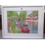 John Bell, local artist, modern watercolour 'Red Boat on the River Cam, Cambridge', signed JOHN