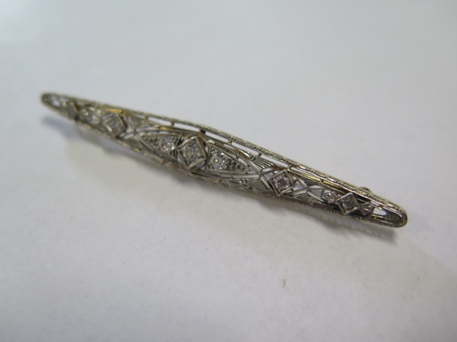 A continental yellow gold and diamond set brooch with white metal setting, 7cm long and the - Image 3 of 3