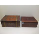 A Victorian mahogany sewing box and contents, and a brass bound mahogany writing slope, 15cm x