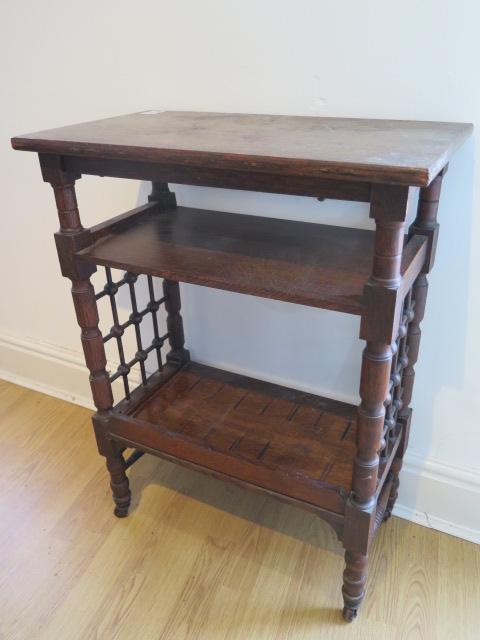 An oak three tier side table, probably Liberty & Co, with lattice work sides on short turned legs, - Image 4 of 4