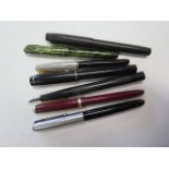 Seven gold nibbed fountain pens to include Parker51, Conway Stewart shorthand, Onoto De La Rue,