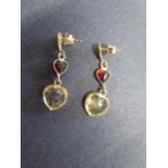 A pair of 18ct yellow gold garnet and citrine drop earrings in the shape of hearts, 3cm drop,