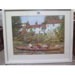 John Bell, local artist, modern watercolour 'Three students on the River Cam, Cambridge', signed