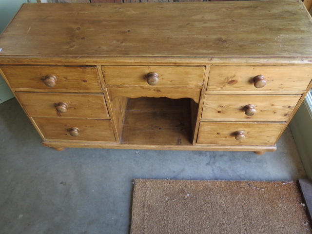 A Victorian stripped, waxed and restored seven drawer dresser base, 88cm high x 152cm x 49cm - Image 2 of 4