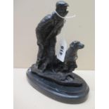 After Pierre Jules Mene, a patinated bronze depicting hunter and hound on an oval black marble