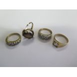 Four hallmarked 9ct yellow gold rings, sizes P/Q/R, other has been cut, total weight approx 15.5