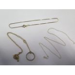 Three 9ct chains, a pendant, a 9ct ring and a 9ct earring, approx 6 grams