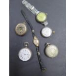 Four silver pocket watches, a silver wristwatch, total weight approx 197 grams and a 9ct ladies