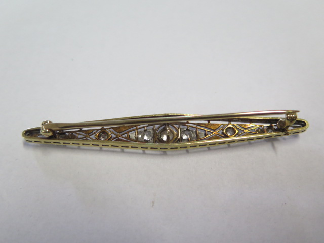 A continental yellow gold and diamond set brooch with white metal setting, 7cm long and the - Image 2 of 3