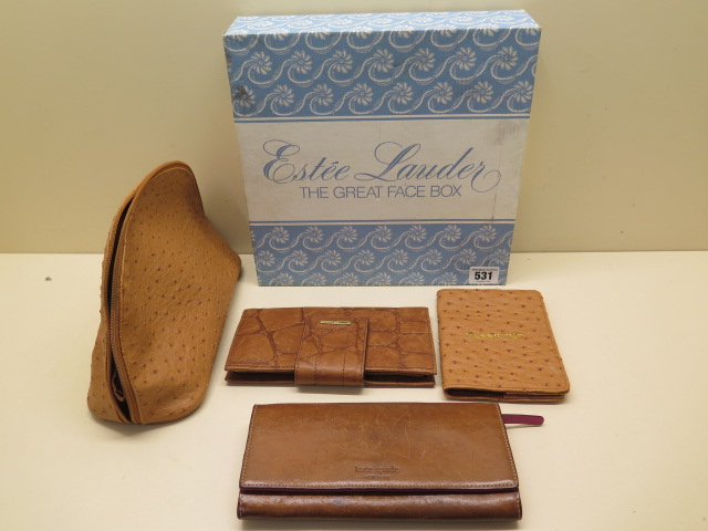 An Estee Lauder 'Great Face box' and Estee Lauder ostrich slim toiletry bag, 28cm wide,, a