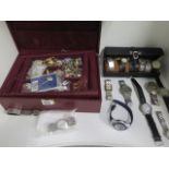 A collection of assorted costume jewellery and watches and a faux crocodile jewellery box