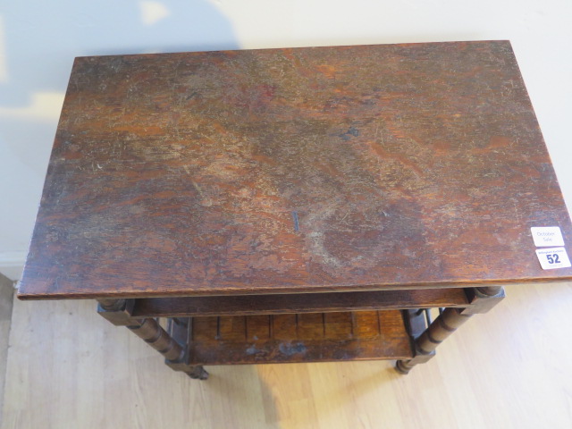 An oak three tier side table, probably Liberty & Co, with lattice work sides on short turned legs, - Image 2 of 4