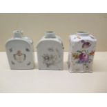 Three 19th century porcelain tea caddies, 12.5cm tall, one with damage and repair to top, chips to