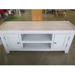 A painted TV unit with a chalked oak top, 120cm wide x 50cm high, ex-display as new