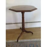 An oak tripod table with inlay to top, 72cm tall x 46cm wide, in lacquered restored condition