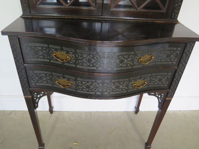 An Edwardian mahogany bookcase top 2 drawer side table with blind fretwork decoration, 178cm tall - Image 2 of 3