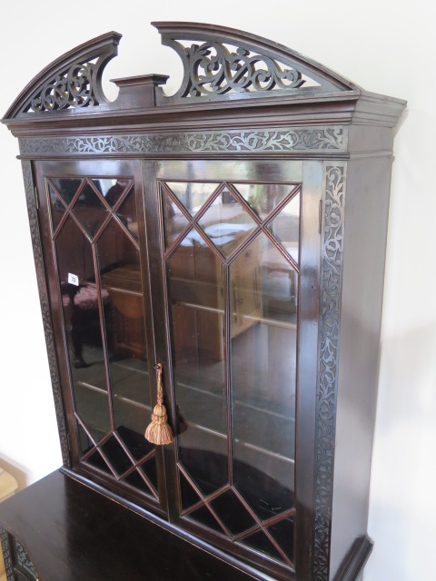 An Edwardian mahogany bookcase top 2 drawer side table with blind fretwork decoration, 178cm tall - Image 3 of 3