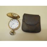 A gold plated pocket watch with enamel dial and subsidiary seconds dial, 5.2cm diameter, wear to