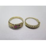 A hallmarked 18ct yellow gold diamond ring and another 18ct diamond and ruby ring, both size Q,