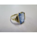 A 14ct gold ring with baguette cut topaz, indistinct hallmarks, overall weight 4.6 grams, size P,