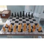 St.George wooden chess set with good polished finish in a sliding lid box and complete, 2.6"