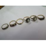 Six assorted 9ct gold rings, one is missing a stone, sizes L/M/P/S, total weight approx 15.5 grams