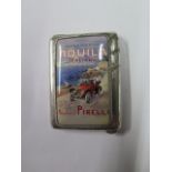 A silver match case with a Pirelli Aquila Italiana advertising insert, 6cm x 4.2cm, some usage marks