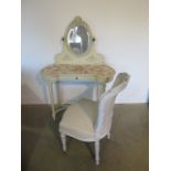 A painted continental dressing table and an upholstered chair, 135cm tall x 97cm x 40cm, chair