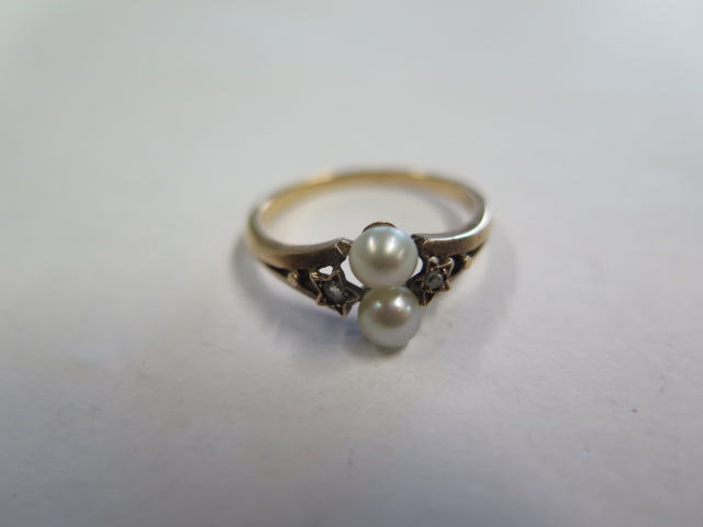 A French yellow gold pearl and diamond ring, tests to approx 18ct, ring size N, approx 2.5 grams, - Image 3 of 4