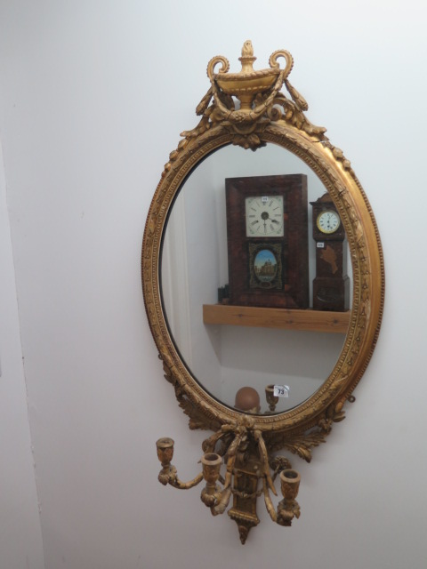 A 19th century gilt 3 branch girondele mirror, 108cm x 55cm