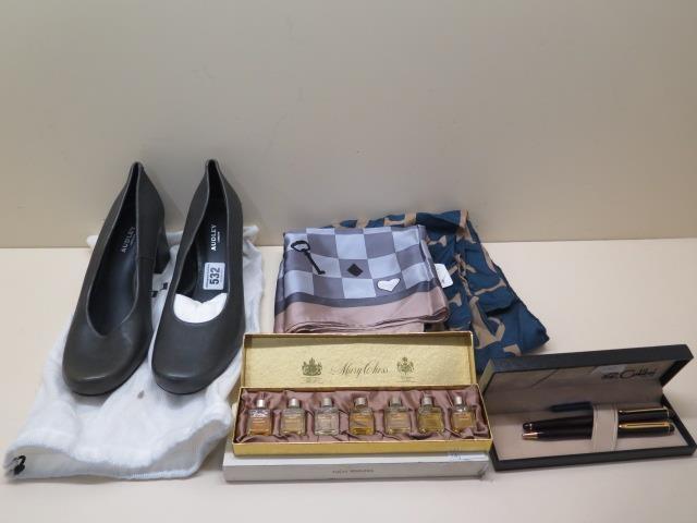 Luxury goods comprising: a pair of ladies Audlay grey leather shoes, size 40 Euro, a Mary Chess