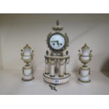 A white marble clock garniture set, clock height 36cm, not currently working, repair to clock