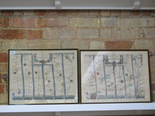 Two John Ogilby road strip maps, London to Yarmouth and London to Harwich, in ebonised frames,