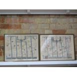 Two John Ogilby road strip maps, London to Yarmouth and London to Harwich, in ebonised frames,