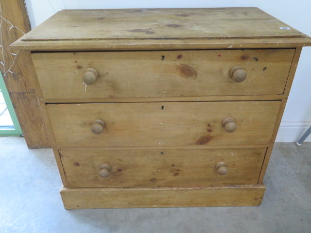 A 19th century pine 3 drawer chest of drawers, 96cm wide x 82cm high