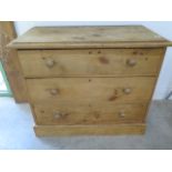 A 19th century pine 3 drawer chest of drawers, 96cm wide x 82cm high