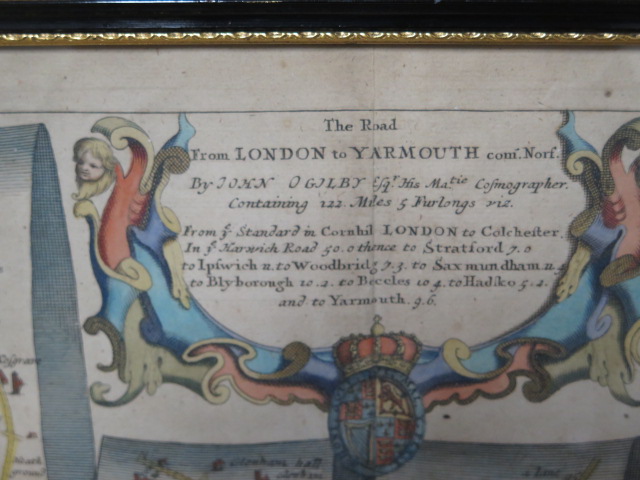 Two John Ogilby road strip maps, London to Yarmouth and London to Harwich, in ebonised frames, - Image 5 of 5