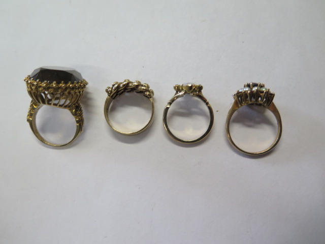 Four 9ct gold rings, sizes K, M, O approx total weight 23.8 grams, some usage marks but reasonably - Image 2 of 2